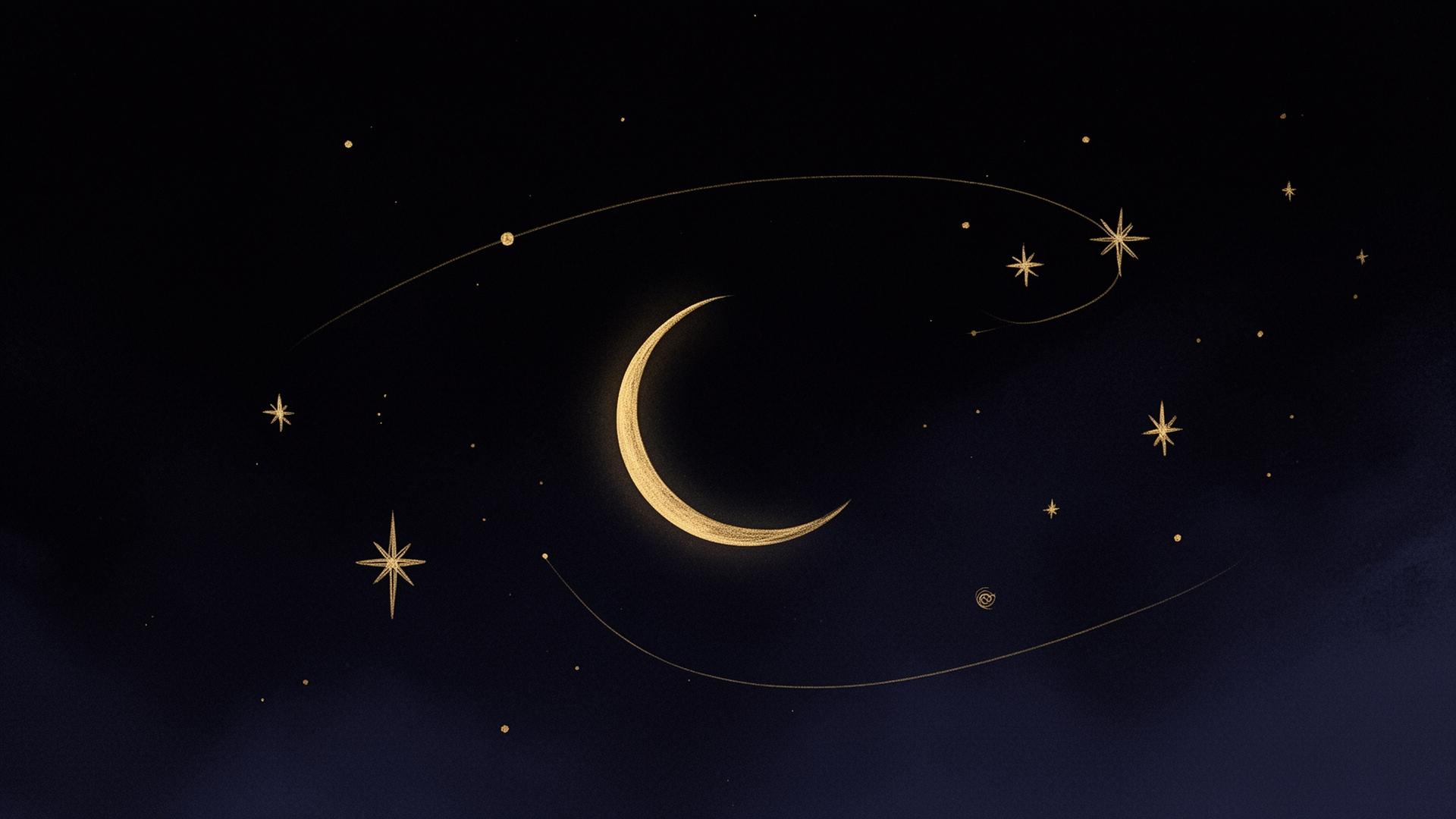 A delicate gold crescent moon surrounded by sparse stars and a thin orbital arc.